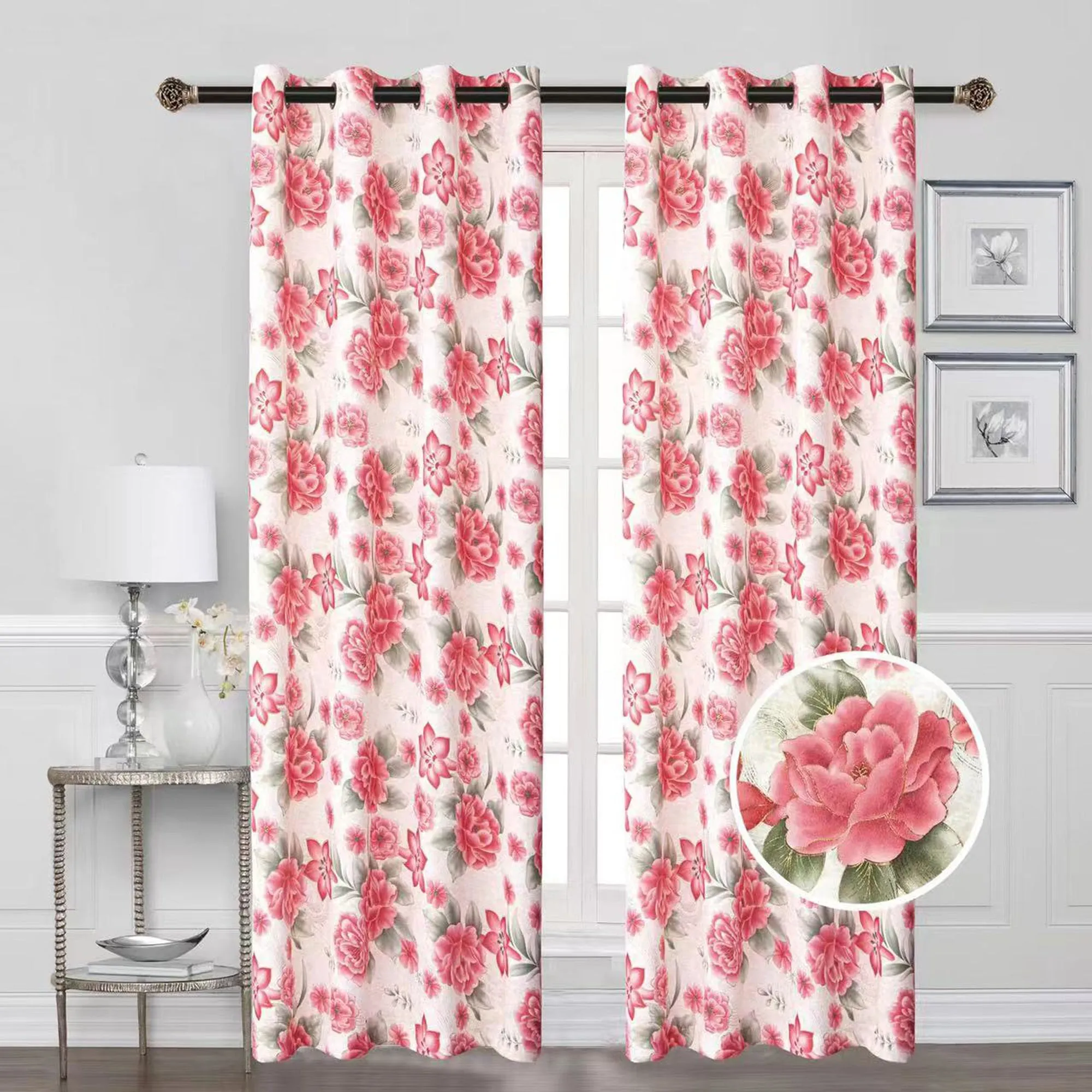 Blackout Thermal Insulated Floral Room Darkening Grommet Top Window Curtain Panel w/Foil, 81069