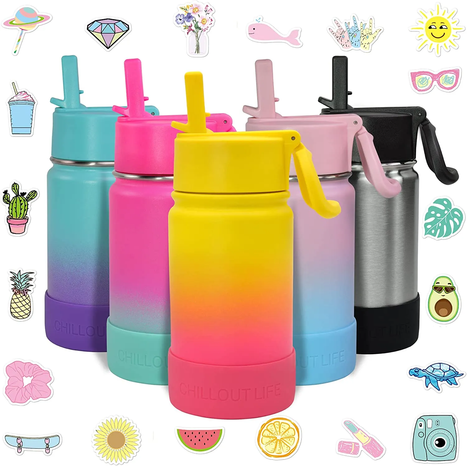 CHILLOUT LIFE 12 oz Insulated Water Bottle with Straw Lid for Kids   Cute Waterproof Stickers