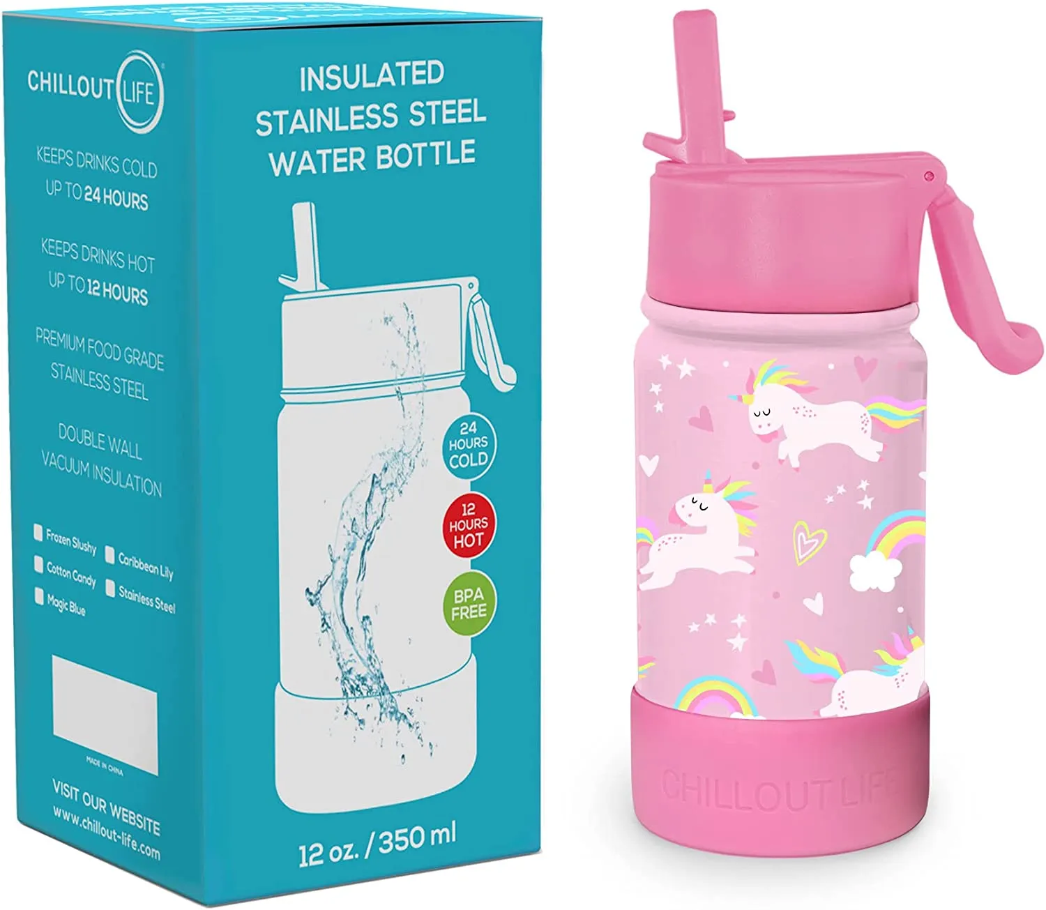 CHILLOUT LIFE 12 oz Insulated Water Bottle with Straw Lid for Kids   Cute Waterproof Stickers