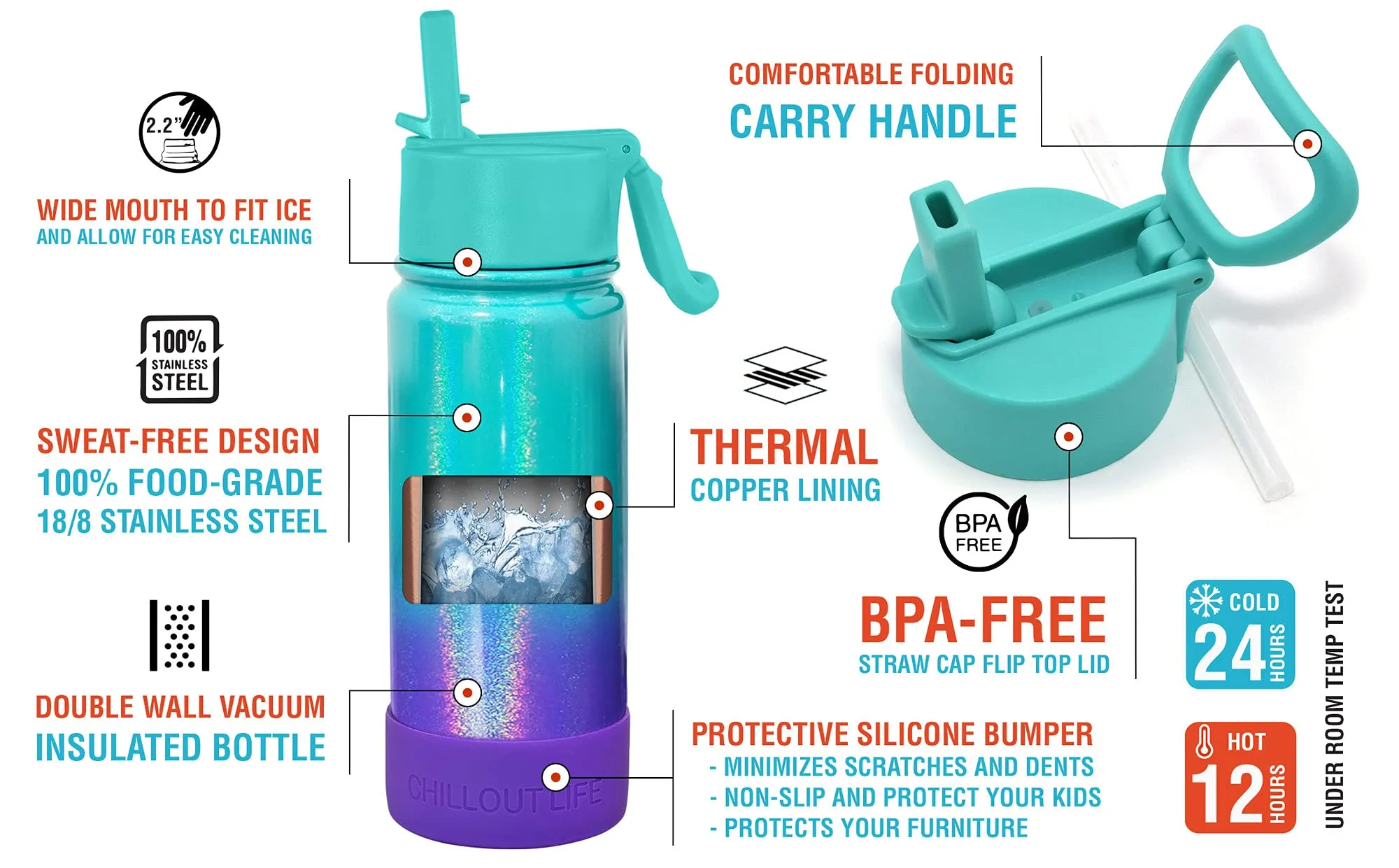 CHILLOUT LIFE 12 oz Insulated Water Bottle with Straw Lid for Kids   Cute Waterproof Stickers