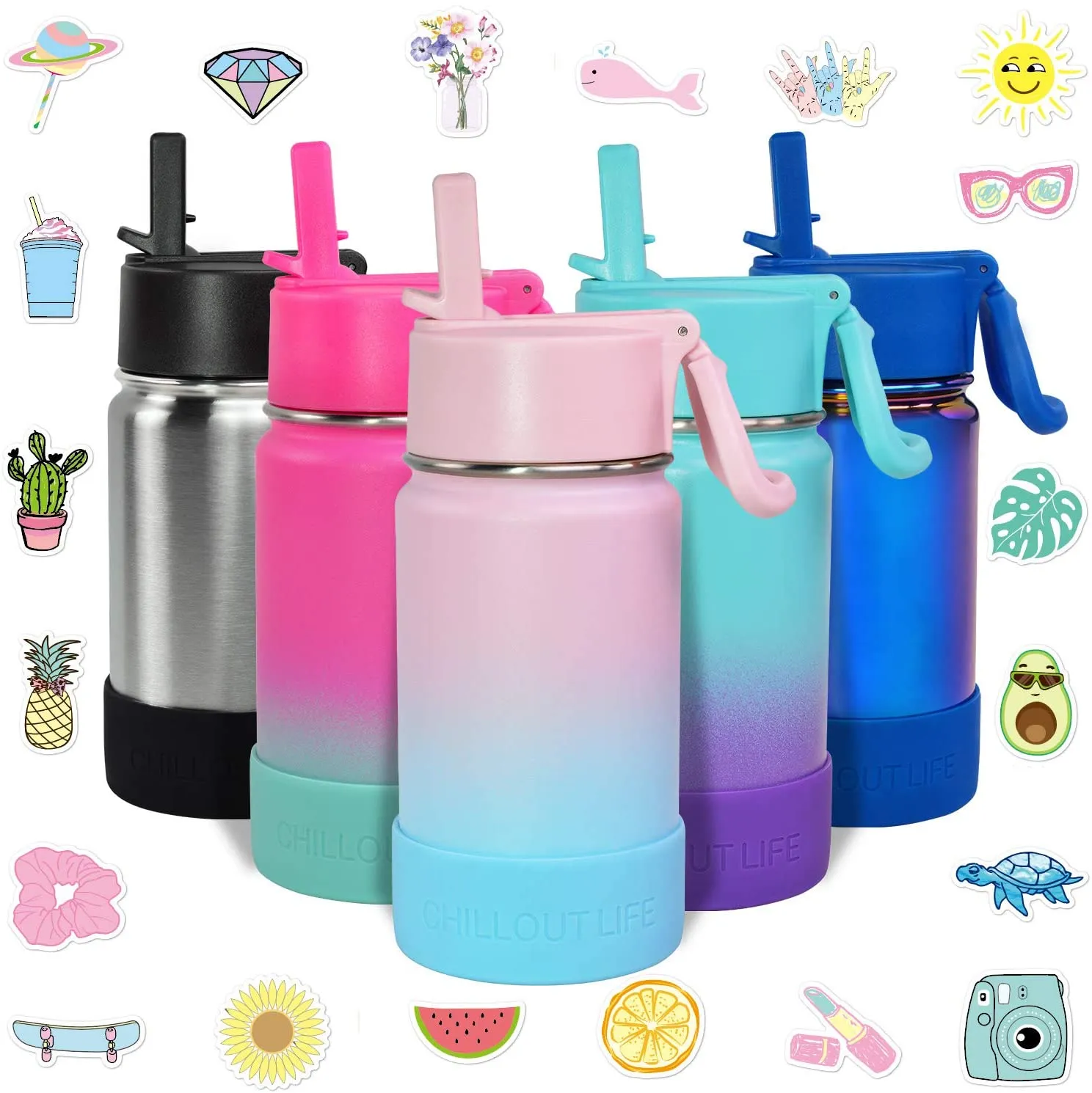 CHILLOUT LIFE 12 oz Insulated Water Bottle with Straw Lid for Kids   Cute Waterproof Stickers