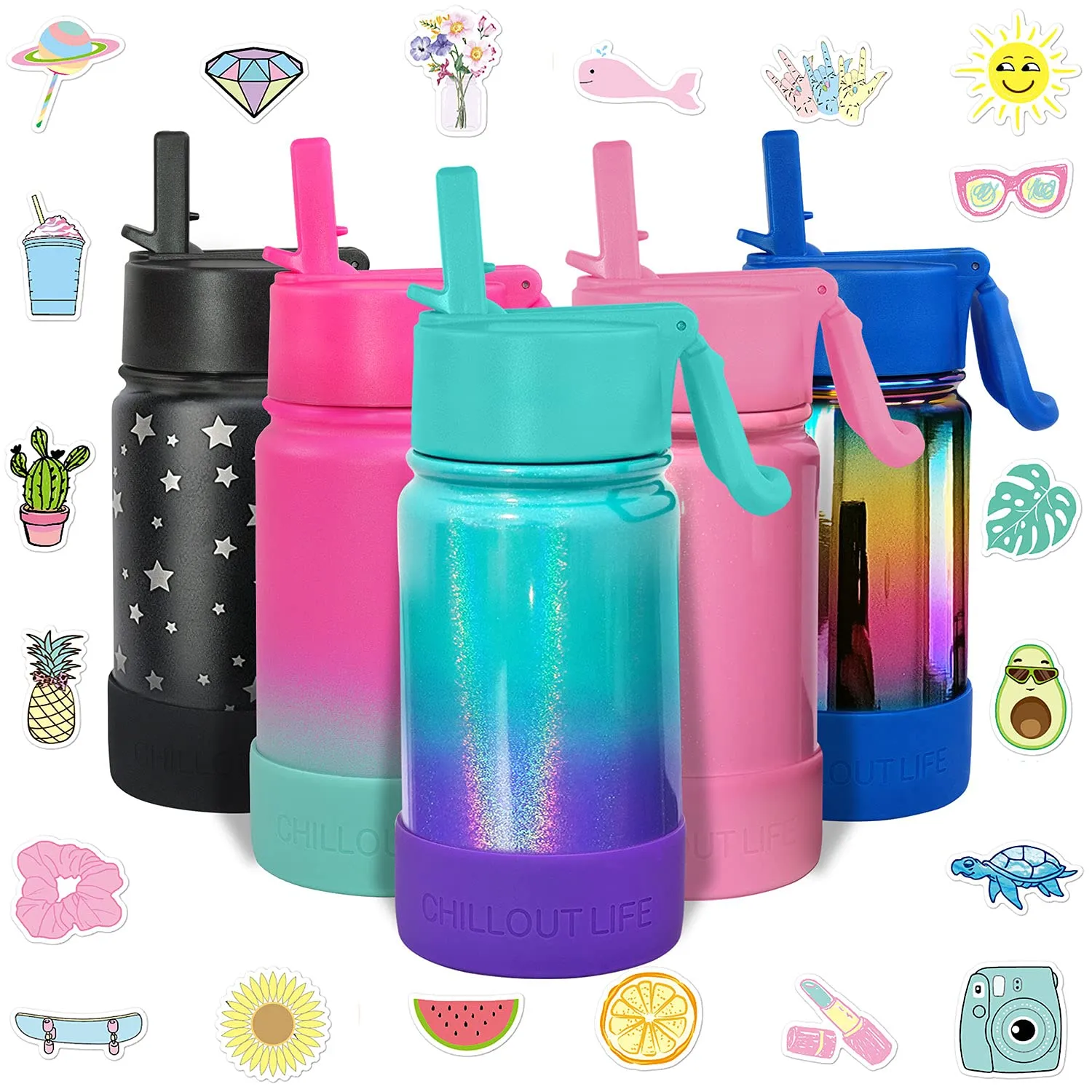 CHILLOUT LIFE 12 oz Insulated Water Bottle with Straw Lid for Kids   Cute Waterproof Stickers