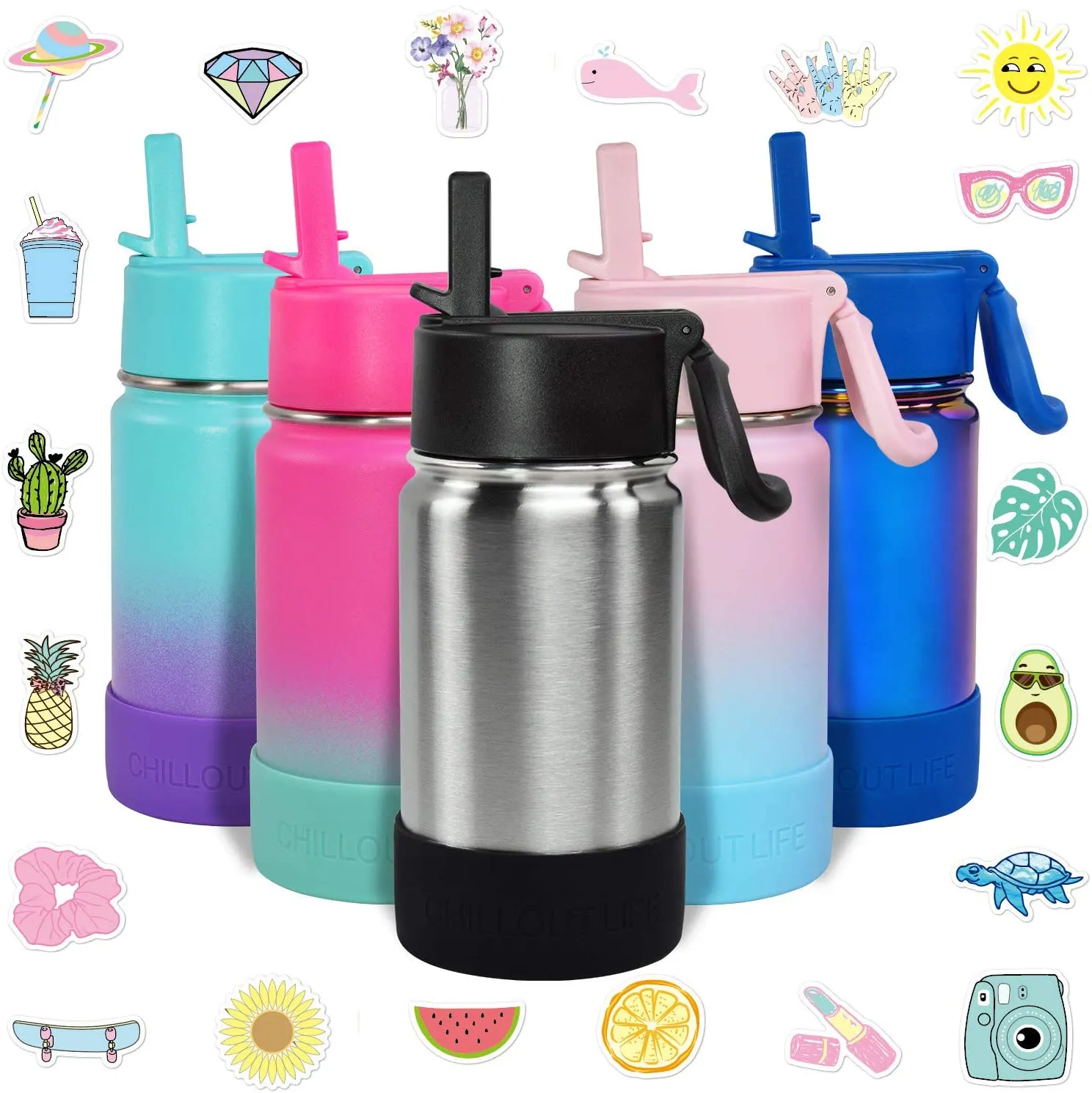 CHILLOUT LIFE 12 oz Insulated Water Bottle with Straw Lid for Kids   Cute Waterproof Stickers