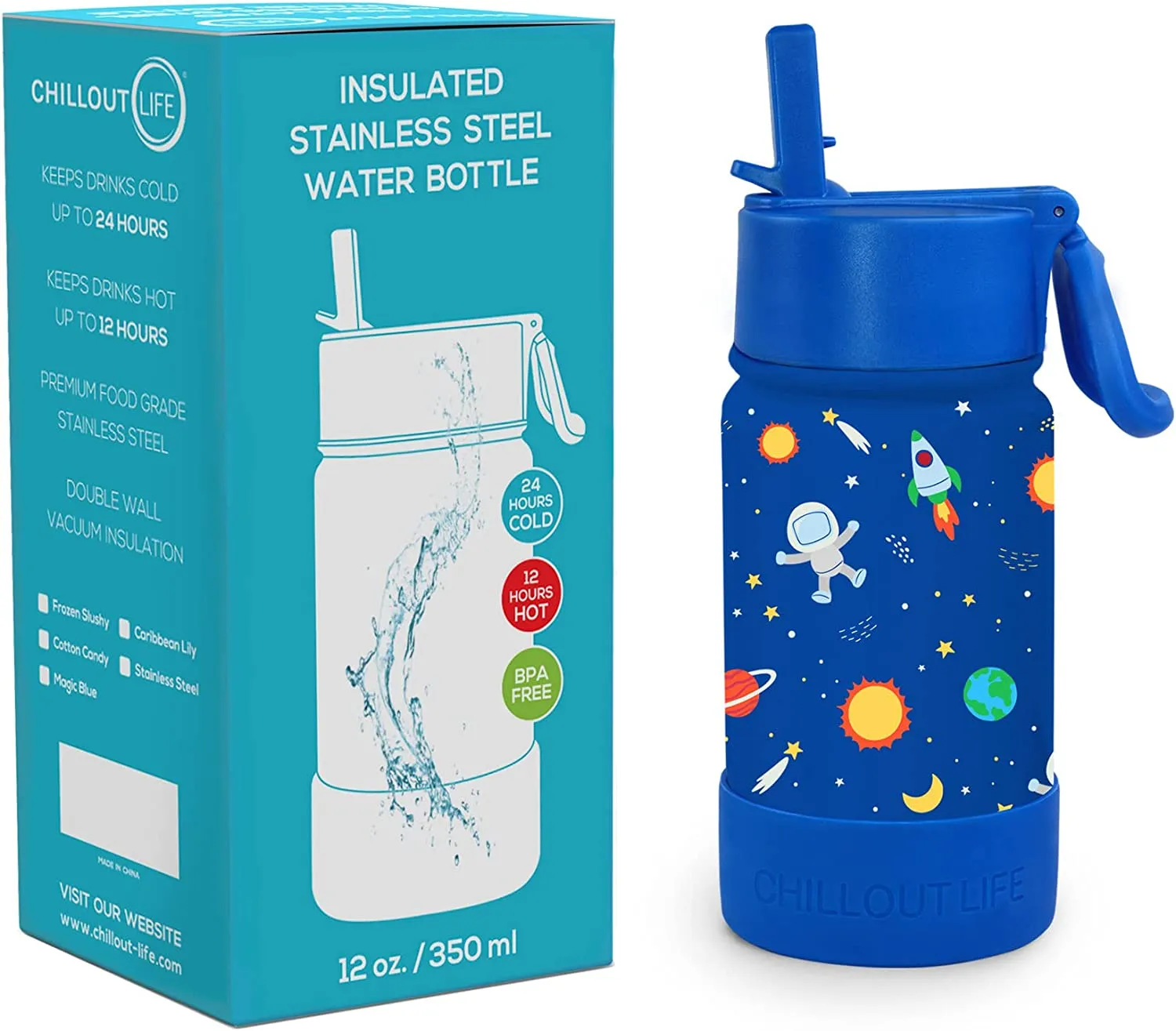 CHILLOUT LIFE 12 oz Insulated Water Bottle with Straw Lid for Kids   Cute Waterproof Stickers