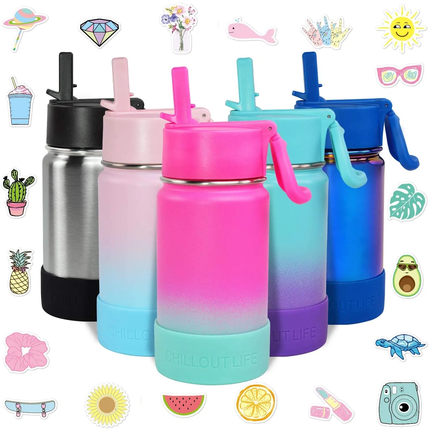 CHILLOUT LIFE 12 oz Insulated Water Bottle with Straw Lid for Kids   Cute Waterproof Stickers