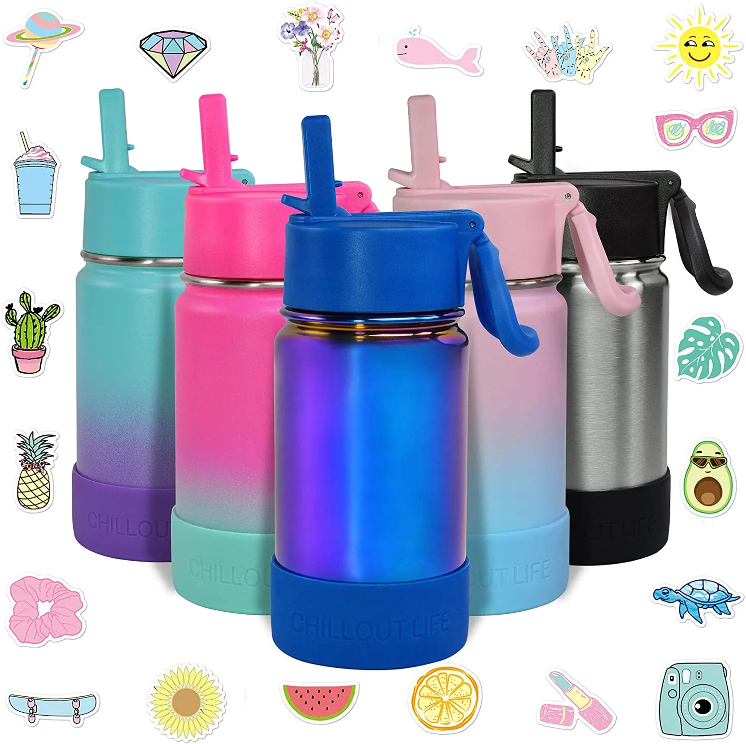 CHILLOUT LIFE 12 oz Insulated Water Bottle with Straw Lid for Kids   Cute Waterproof Stickers