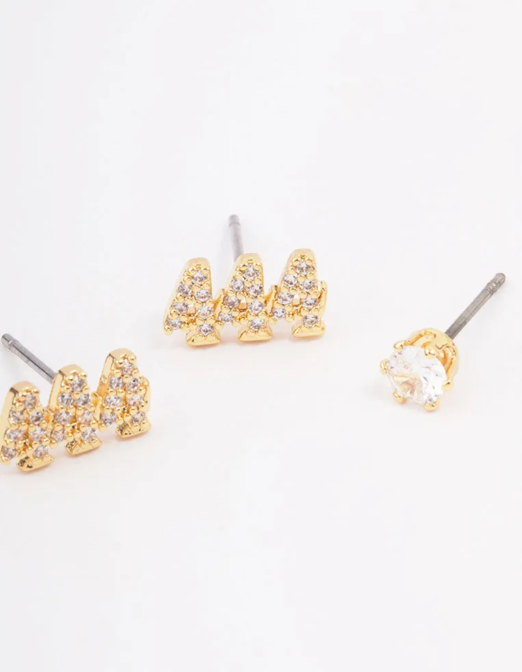 Gold Plated Cubic Zirconia Angel Number 444 Stud Earring Pack