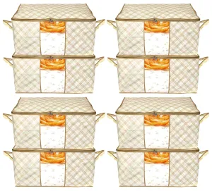 Kuber Industries Metalic Checkered Print Foldable Clothes Storage Bag Wardrobe Organizer Non Woven Fabric for Comforters,Blankets,Bedding with Sturdy Zipper,Clear Window (Set of 8,Ivory)-KUBMART16592