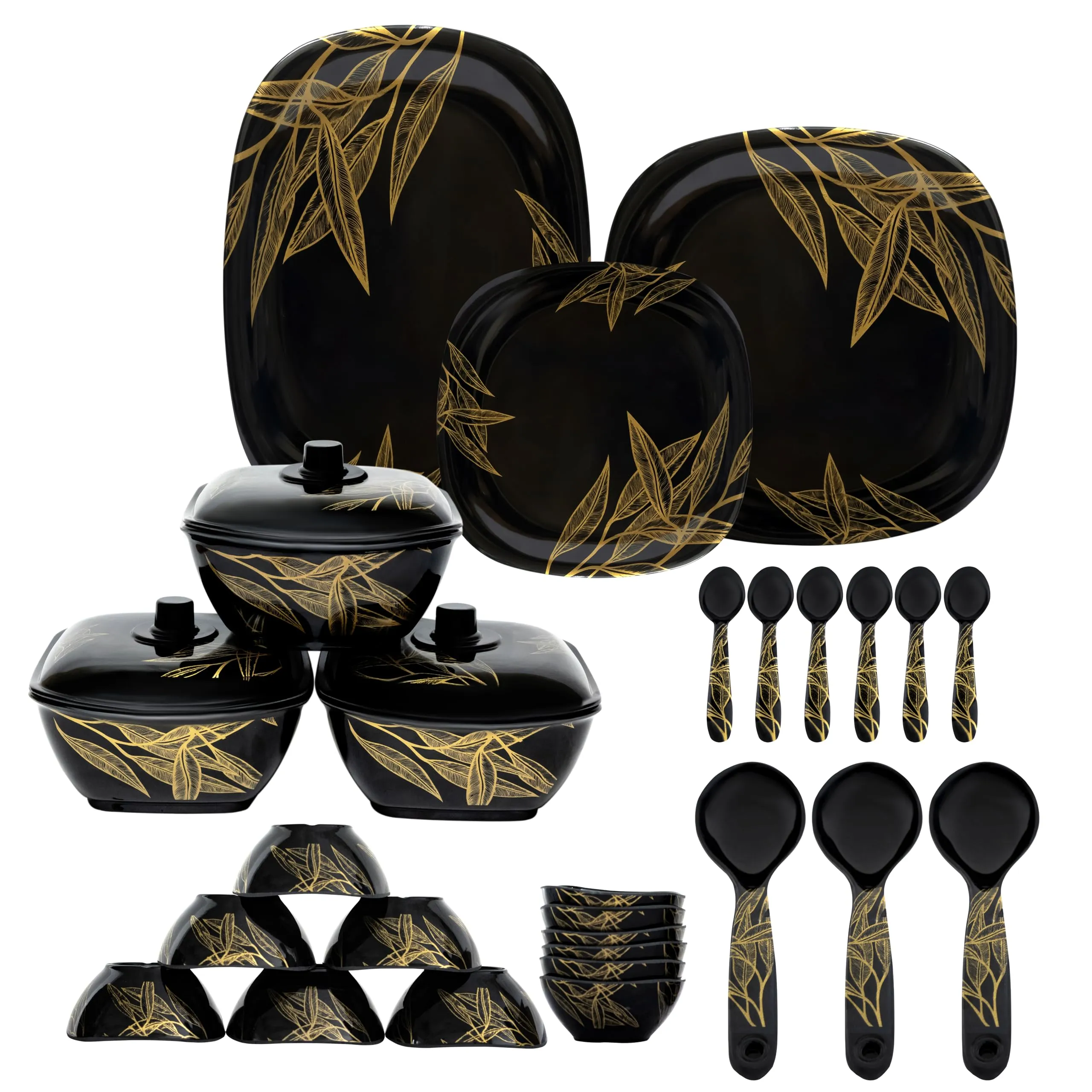 Serve n Style Melamine Dinner Set Pack 40 Pieces - Square Shaped, Black with Golden Print