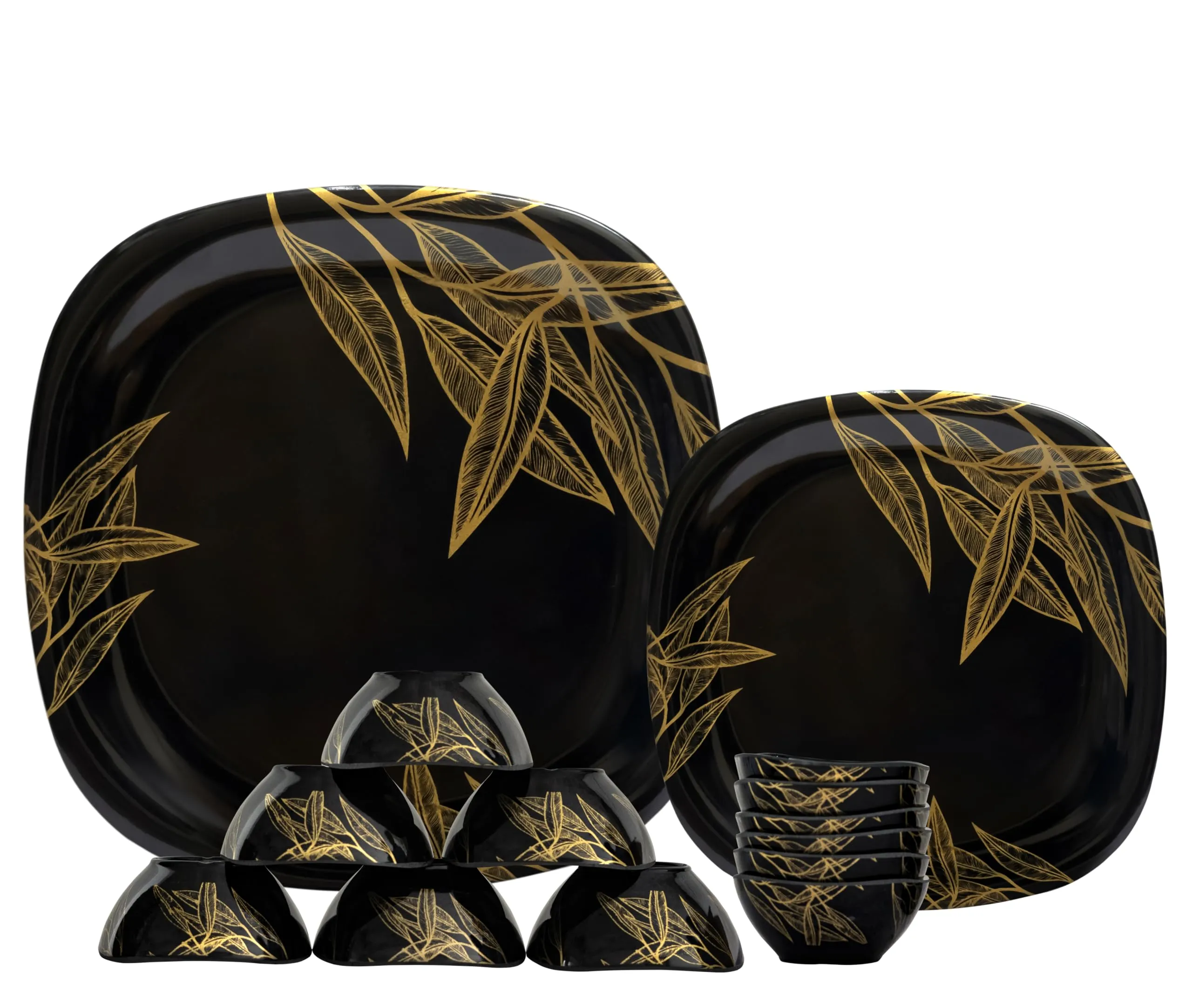 Serve n Style Melamine Dinner Set Pack 40 Pieces - Square Shaped, Black with Golden Print