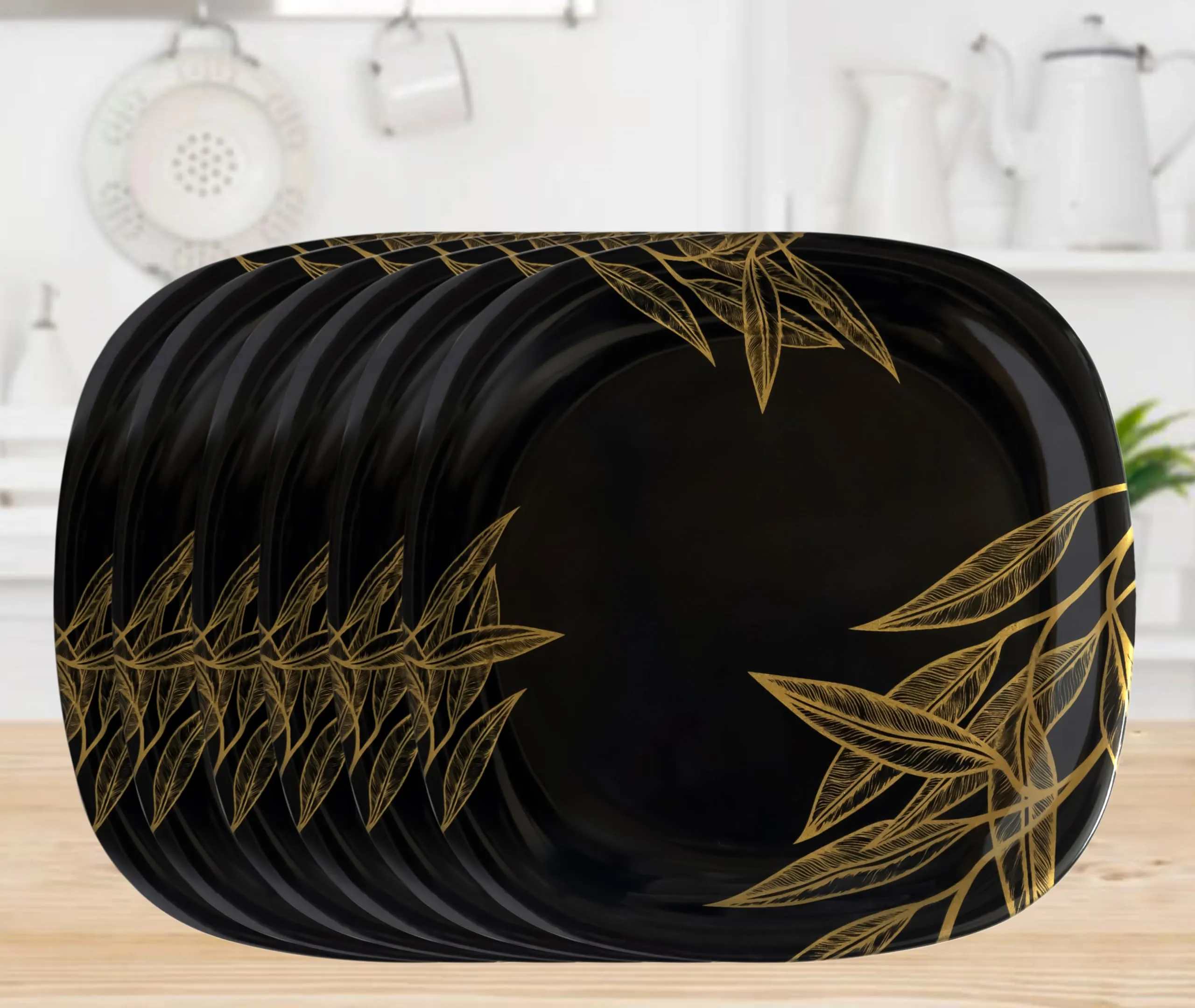 Serve n Style Melamine Dinner Set Pack 40 Pieces - Square Shaped, Black with Golden Print