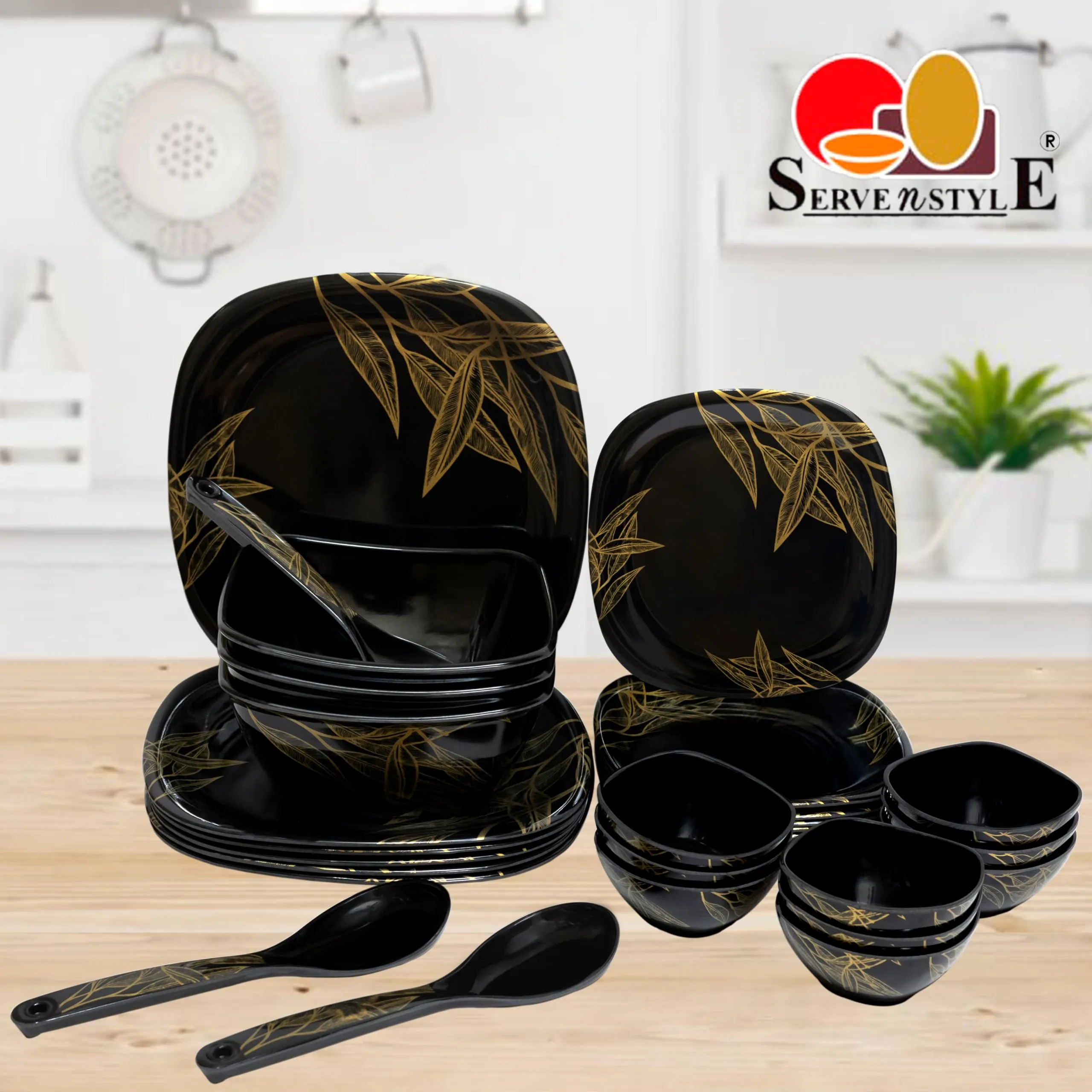 Serve n Style Melamine Dinner Set Pack 40 Pieces - Square Shaped, Black with Golden Print