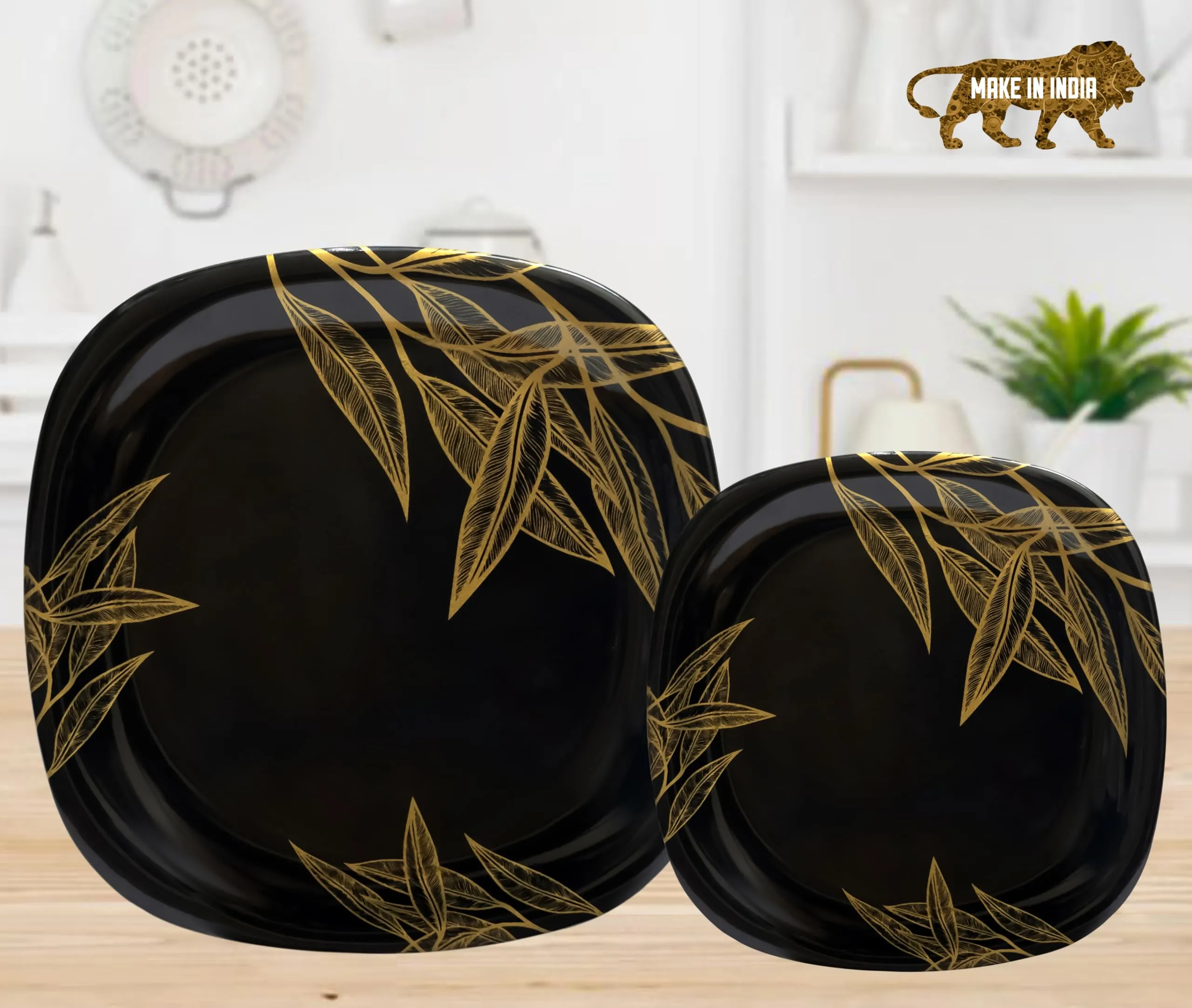 Serve n Style Melamine Dinner Set Pack 40 Pieces - Square Shaped, Black with Golden Print