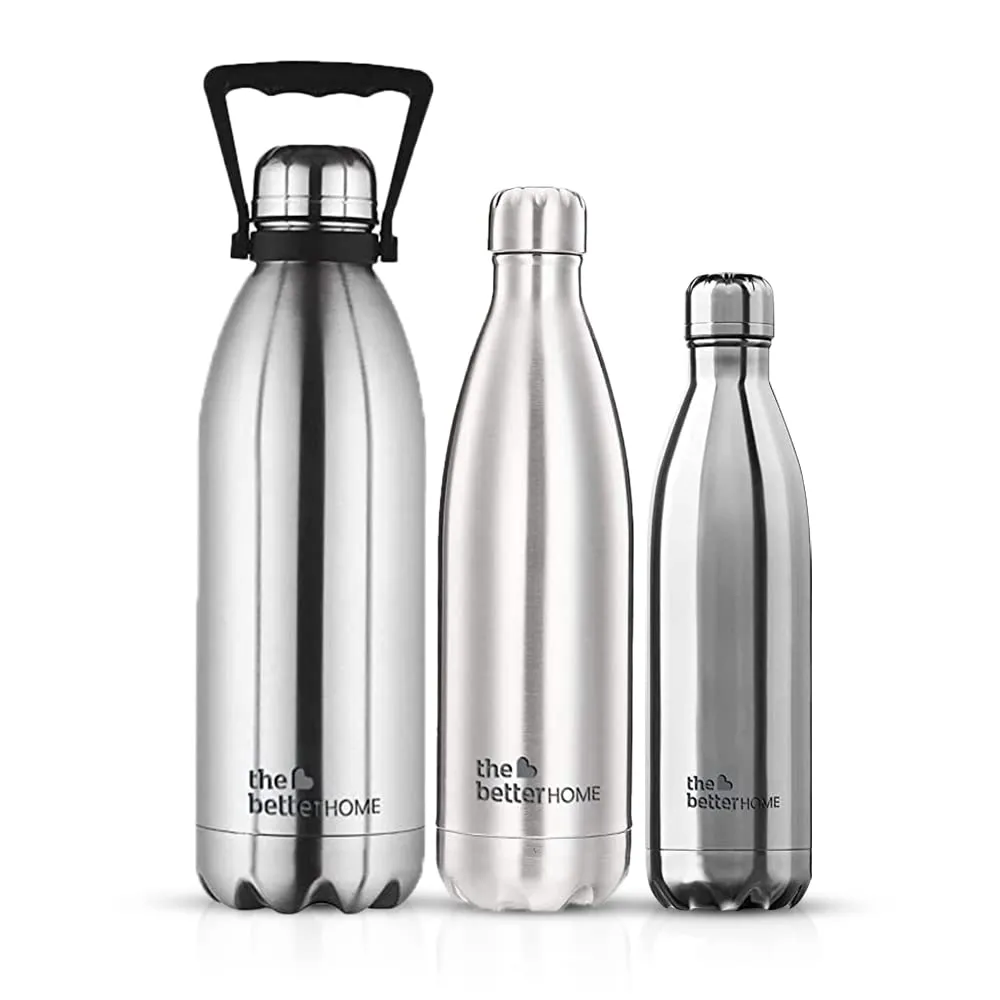 The Better Home Thermosteel Bottle (3Pcs - 500ml, 1L, 2L) | Doubled Wall 304 Stainless Steel | Stays Hot for 18 Hrs & Cold for 24 Hrs | Leakproof | Insulated Water Bottles for Office, Travel | Black