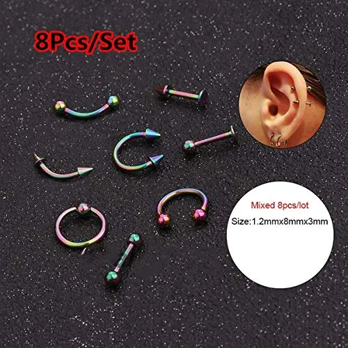 Yellow Chimes Body Piercing Jewelry for Unisex 8 pcs Set Helix Body Piercing Ear Eyebrow Nose Lip Stainless Steel Cartilage Body Jewelry for Women and Men.