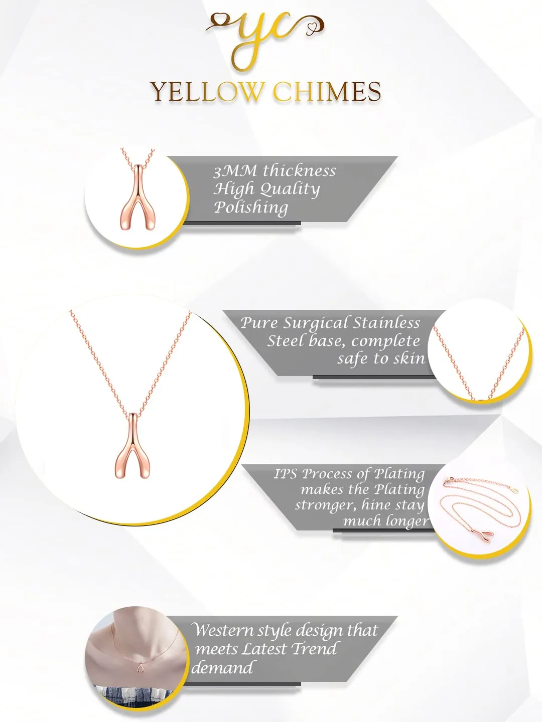 Yellow Chimes Chain Pendant for Women Statement Style Rose Gold Plated Fishbone Charm Chain Pendant Necklace for Women and Girls.