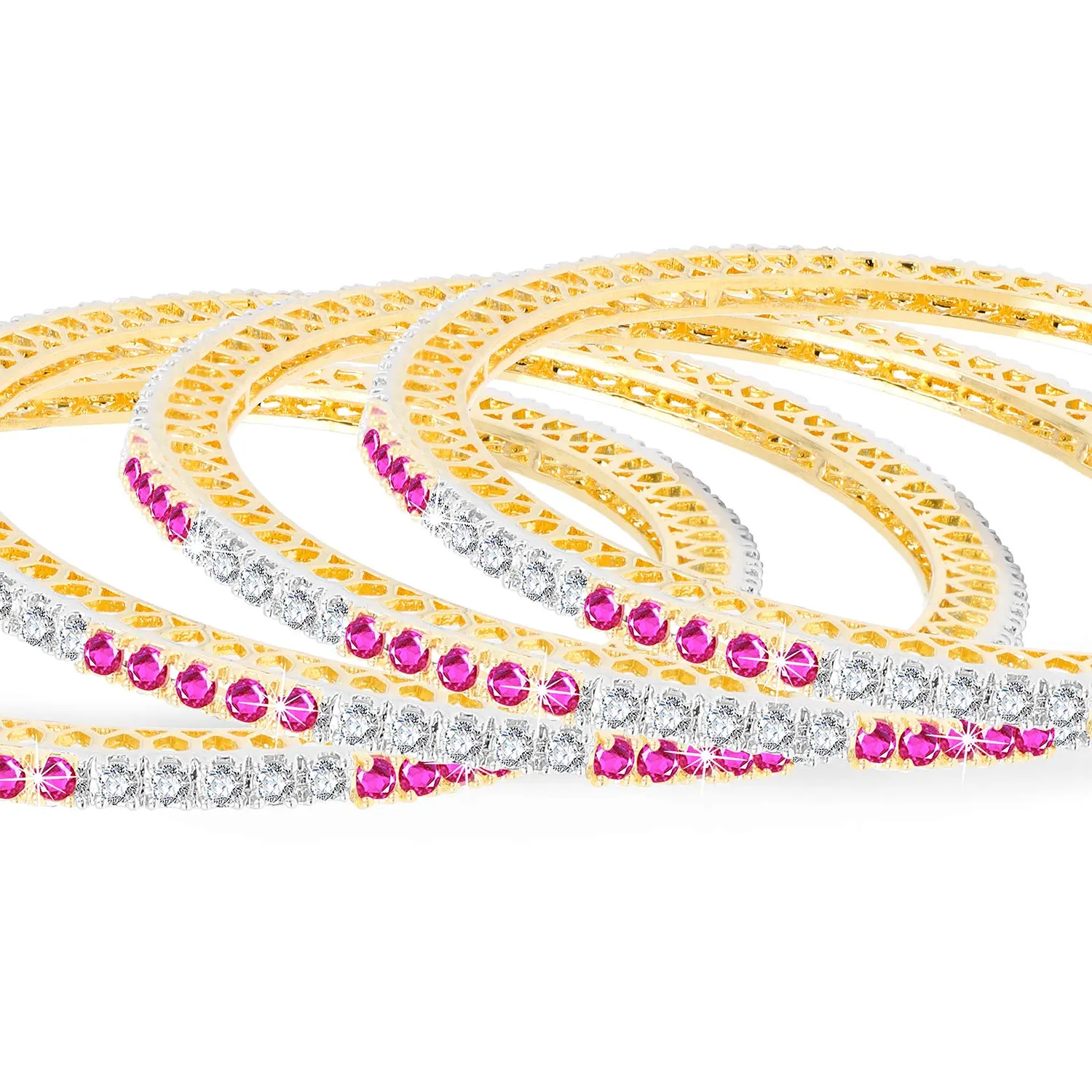 Yellow Chimes Elegant Pink AD/American Diamond Studded 18k Gold Plated Classic 4 PCs Handcrafted Bangles Set for Women & Girls (2.8)