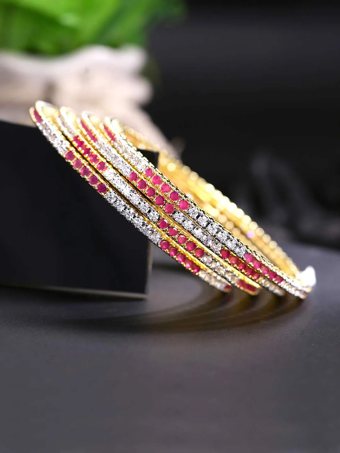 Yellow Chimes Elegant Pink AD/American Diamond Studded 18k Gold Plated Classic 4 PCs Handcrafted Bangles Set for Women & Girls (2.8)