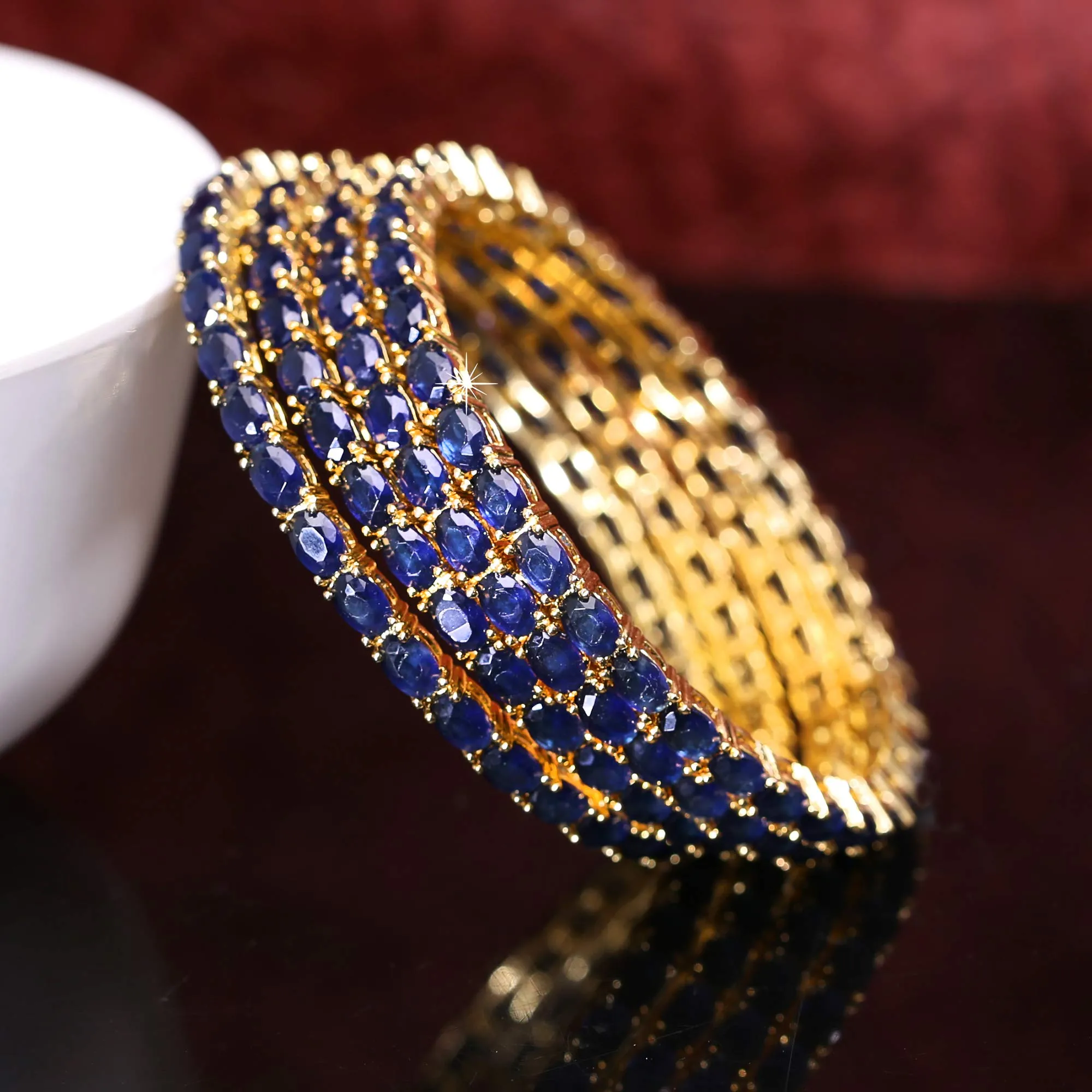 Yellow Chimes Elegant Sapphire Blue AD/American Diamond Studded 18k Gold Plated 4 PCs HandCrafted Bangles Set for Women & Girls (2.8)