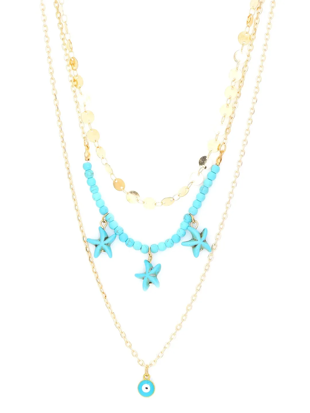 Yellow Chimes Necklace For Women Multilayered Gold Toned Blue Color Beads Studded Star Charm Hanging Bohemian Neckchain For Girls and Women