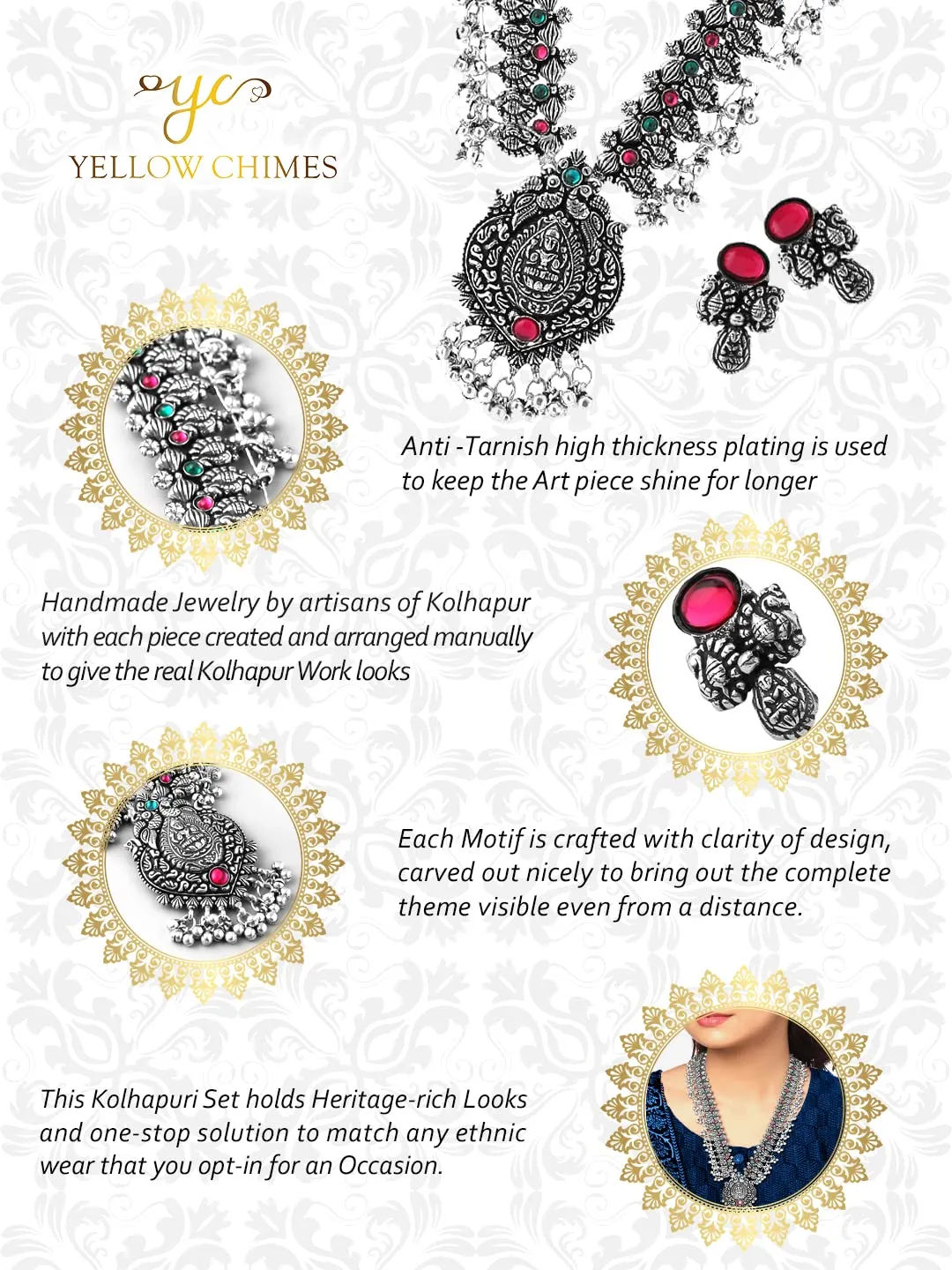 Yellow Chimes Oxidised Jewellery Set for Women Authentic Kolhapuri Work Handmade Silver Long Jewellery Set Oxidized Necklace Sets for Women and Girls